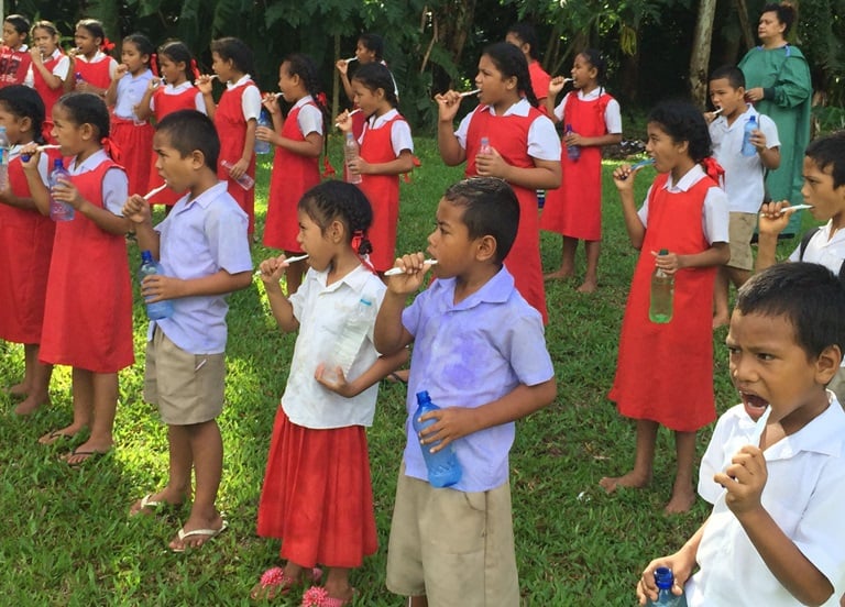 Children in Tonga learn to brush their teeth as part of the Mali Mali programme. Photo courtesy of the Tongan Ministry of Health